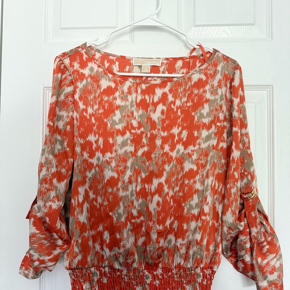 Michael Kors Orange and White Graphic Smocked Blouse